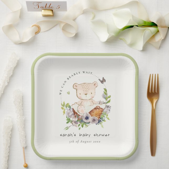Niedlicher Teddybär in Blume Basket Grüne Babydusc Pappteller (Hochzeit)