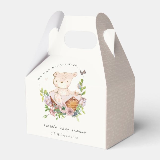 Niedlicher Teddybär in Blume Basket Pink Babydusch Geschenkschachtel (Vorderseite)