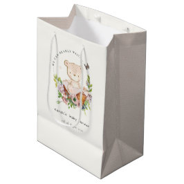 Niedlicher Teddybär in Blume Basket Pink Babydusch Mittlere Geschenktüte
