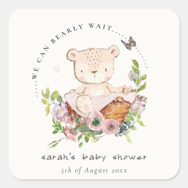 Niedlicher Teddybär in Blume Basket Pink Babydusch Quadratischer Aufkleber (Vorderseite)