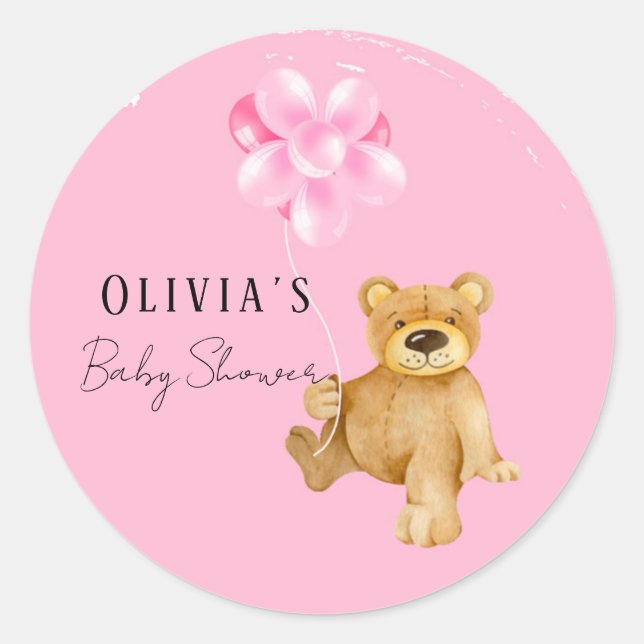 Niedlicher Teddybär in rosa Farbtupfer Babydusche Runder Aufkleber (Vorderseite)