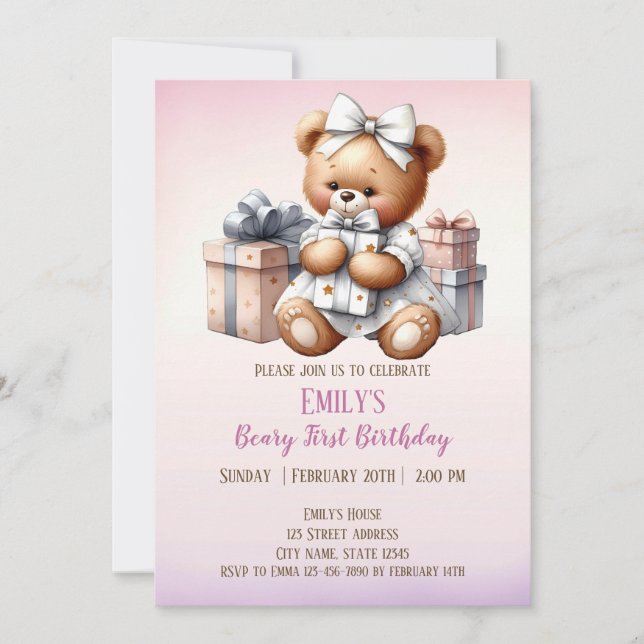 Niedlicher Teddybär mit Balloons und Geschenken Einladung (Vorderseite)
