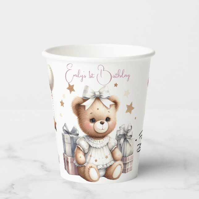 Niedlicher Teddybär mit Balloons und Geschenken Pappbecher (Vorderseite)