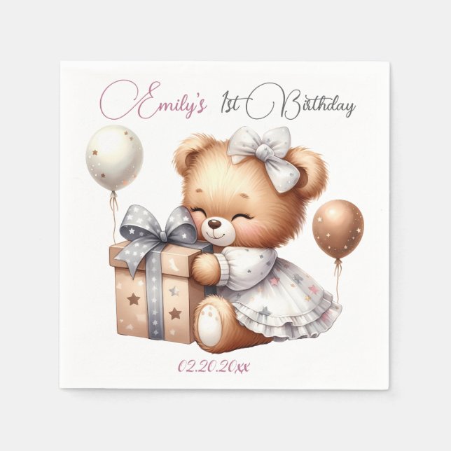 Niedlicher Teddybär mit Balloons und Geschenken Serviette (Vorderseite)