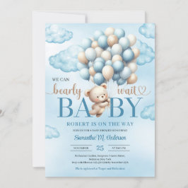 Niedlicher Teddybär mit blauen und Elfenbeinballon Einladung