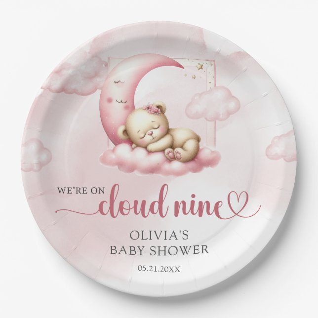 Niedlicher Teddybär mit blauer Rosa und neun Mädch Pappteller (Vorderseite)