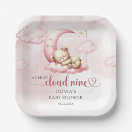 Niedlicher Teddybär mit blauer Rosa und neun Mädch Pappteller