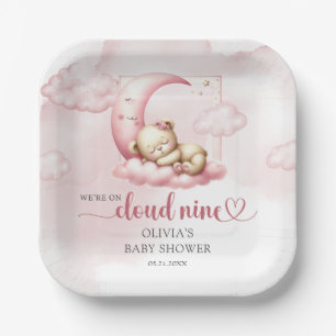 Niedlicher Teddybär mit blauer Rosa und neun Mädch Pappteller