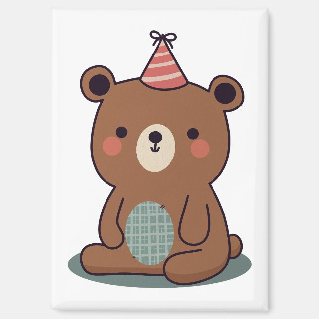 Niedlicher Teddybär mit einem Party-Hut Magnet (Vorderseite)
