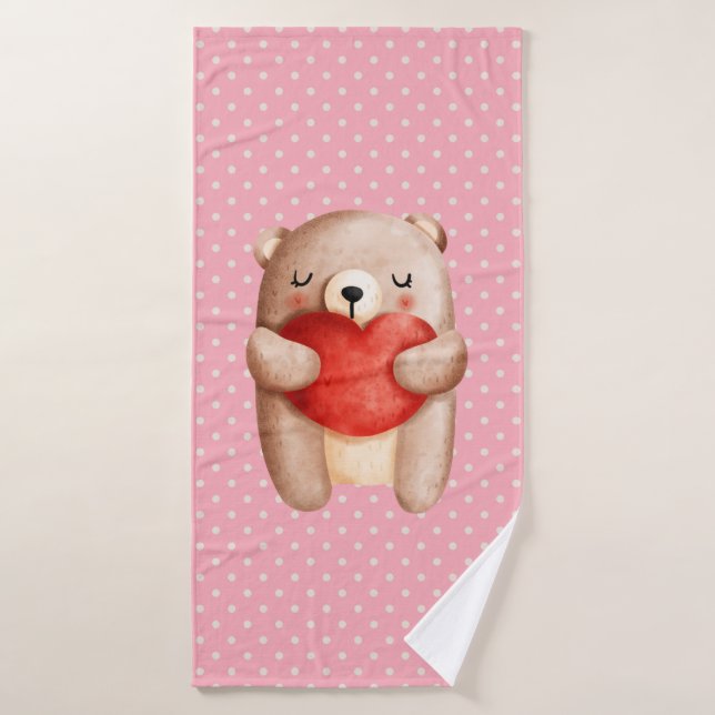 Niedlicher Teddybär mit einem roten Herz Badhandtuch Set (Badehandtuch)
