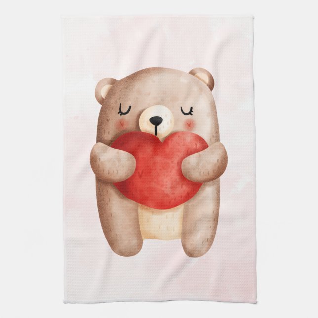 Niedlicher Teddybär mit einem roten Herz Geschirrtuch (Vertikal)