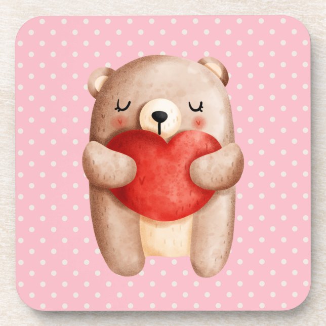 Niedlicher Teddybär mit einem roten Herz Getränkeuntersetzer (Vorderseite)