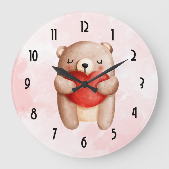 Niedlicher Teddybär mit einem roten Herz Große Wanduhr (Vorderseite)