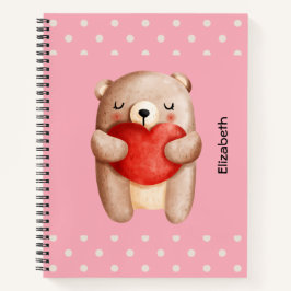 Niedlicher Teddybär mit einem roten Herz Notizbuch