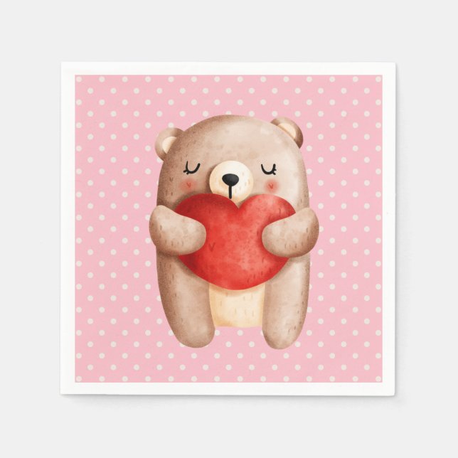 Niedlicher Teddybär mit einem roten Herz Serviette (Vorderseite)