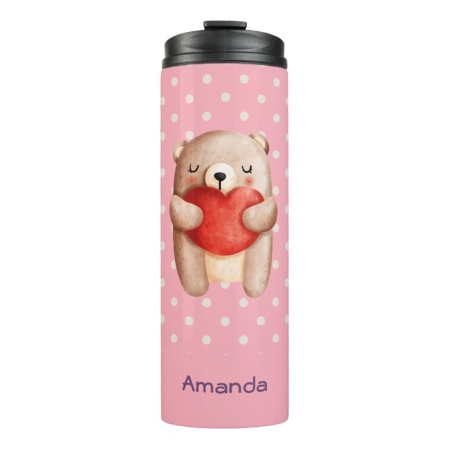Niedlicher Teddybär mit einem roten Herz Thermosbecher (Vorderseite)