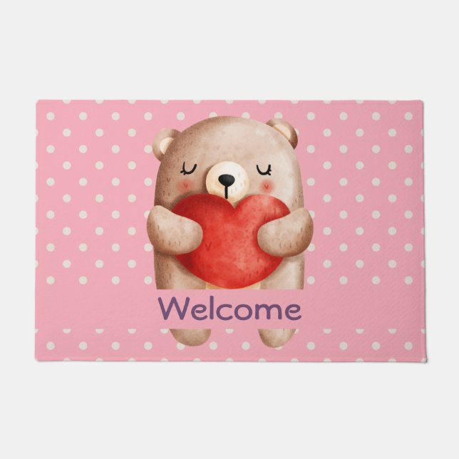 Niedlicher Teddybär mit einem roten Herz Willkomme Fußmatte (Vorderseite)