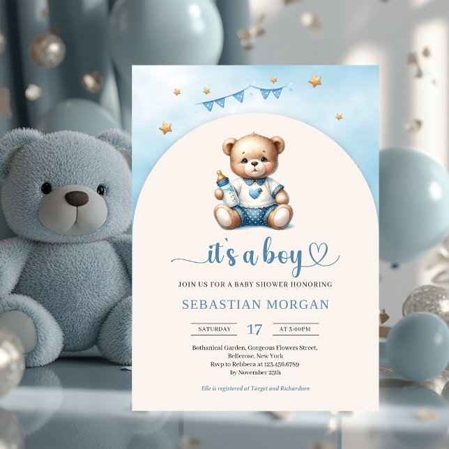 Niedlicher Teddybär mit Flaschenbock Einladung (cute teddy bear with baby bottle arched boy baby shower invitation)