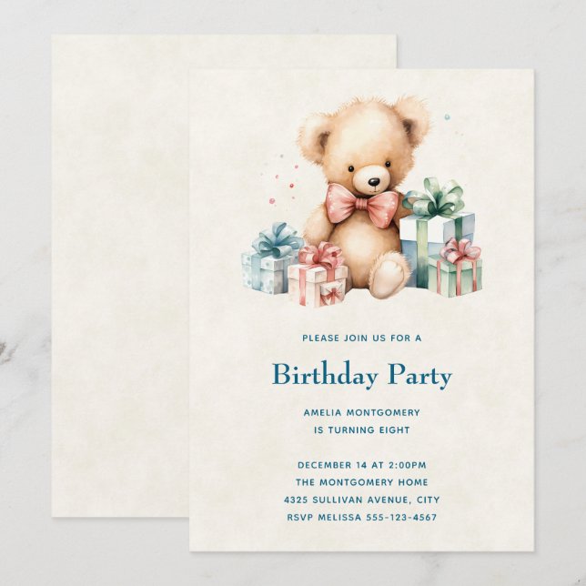 Niedlicher Teddybär mit Geschenken zum Geburtstag Einladung (Vorne/Hinten)