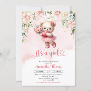 Niedlicher Teddybär mit Herz und Blume Einladung