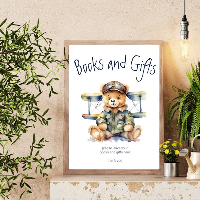 Niedlicher Teddybär mit kleinem Piloten Poster (Tiny pilot cute teddy bear books and gifts table sign baby shower personalized decor signs)