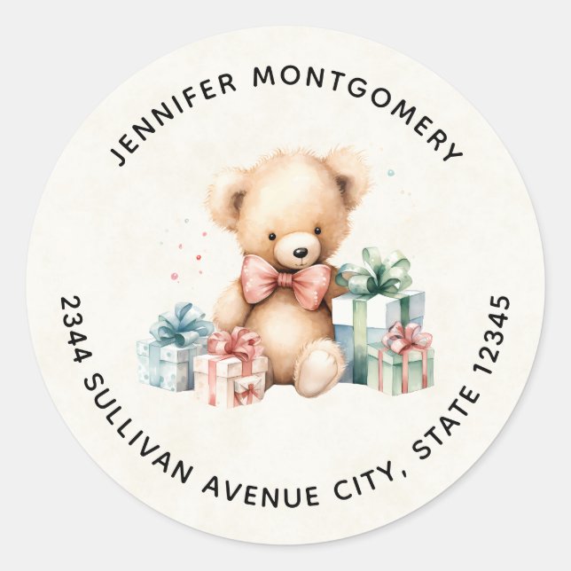 Niedlicher Teddybär mit Weihnachtsgeschenken - Adr Runder Aufkleber (Vorderseite)