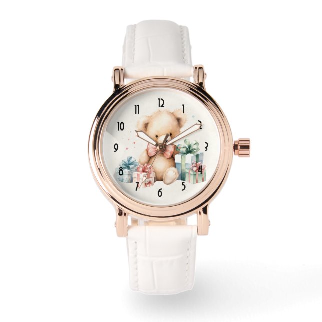 Niedlicher Teddybär mit Weihnachtsgeschenken Armbanduhr (Vorderseite)