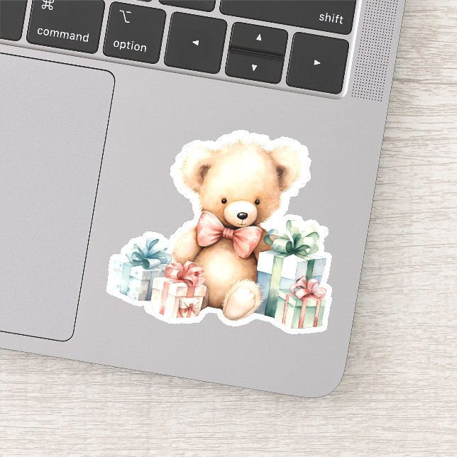 Niedlicher Teddybär mit Weihnachtsgeschenken Aufkleber (Detail)