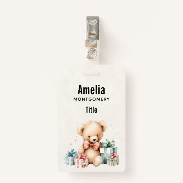Niedlicher Teddybär mit Weihnachtsgeschenken Ausweis (Vorderseite mit Klammer)
