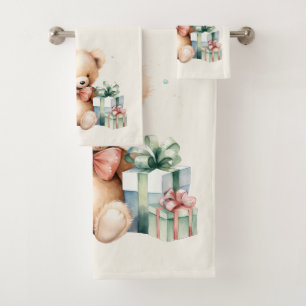 Niedlicher Teddybär mit Weihnachtsgeschenken Badhandtuch Set