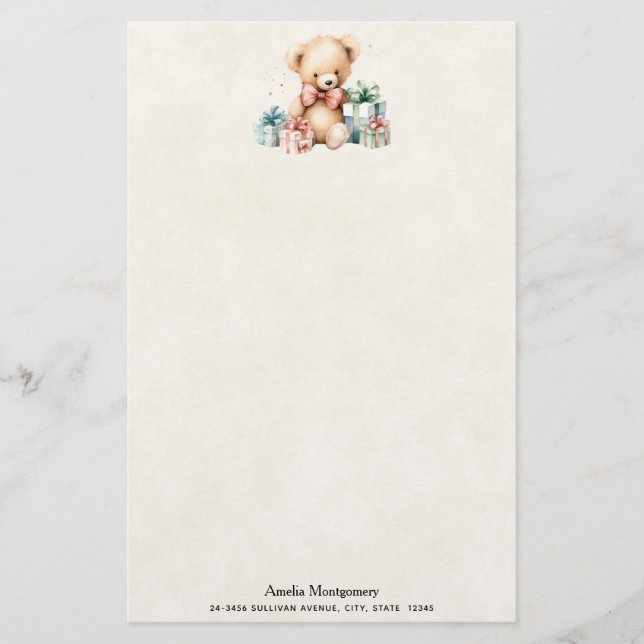 Niedlicher Teddybär mit Weihnachtsgeschenken Briefpapier (Vorderseite)