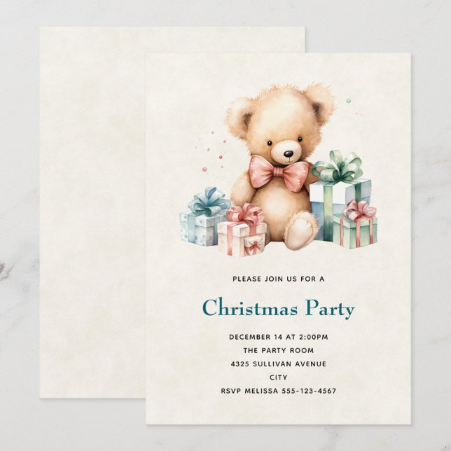 Niedlicher Teddybär mit Weihnachtsgeschenken Einladung (Vorne/Hinten)