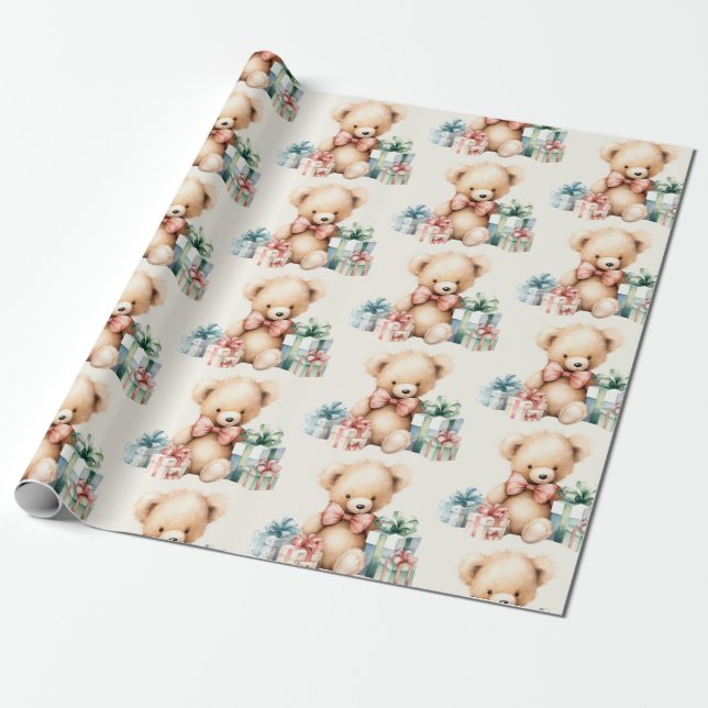 Niedlicher Teddybär mit Weihnachtsgeschenken Geschenkpapier (Ungerollt)