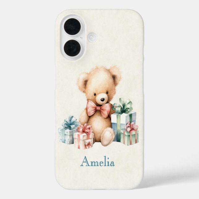 Niedlicher Teddybär mit Weihnachtsgeschenken iPhone 16 Hülle (Rückseite)