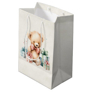 Niedlicher Teddybär mit Weihnachtsgeschenken Mittlere Geschenktüte