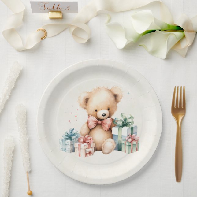 Niedlicher Teddybär mit Weihnachtsgeschenken Pappteller (Hochzeit)