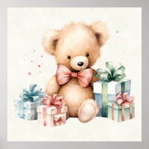 Niedlicher Teddybär mit Weihnachtsgeschenken Poster