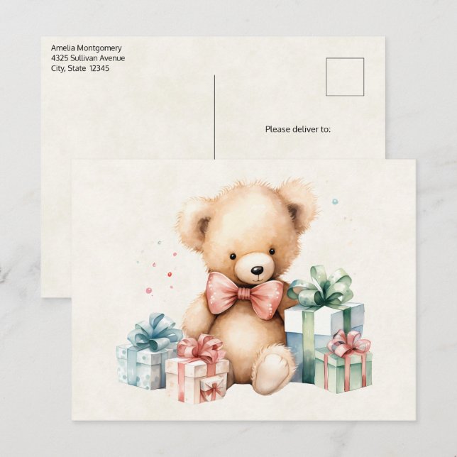Niedlicher Teddybär mit Weihnachtsgeschenken Postkarte (Vorne/Hinten)
