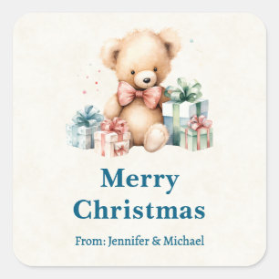 Niedlicher Teddybär mit Weihnachtsgeschenken Quadratischer Aufkleber