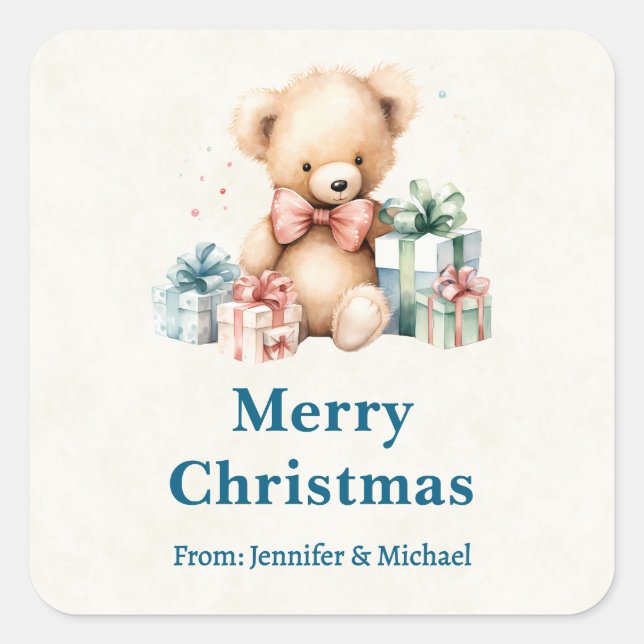 Niedlicher Teddybär mit Weihnachtsgeschenken Quadratischer Aufkleber (Vorderseite)