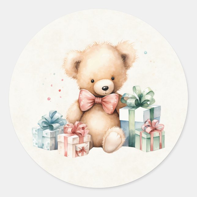 Niedlicher Teddybär mit Weihnachtsgeschenken Runder Aufkleber (Vorderseite)