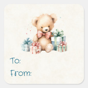 Niedlicher Teddybär mit Weihnachtsgeschenken von u Quadratischer Aufkleber