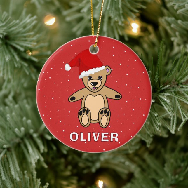 Niedlicher Teddybär mit Weihnachtsmannmütze Keramik Ornament (Baum)