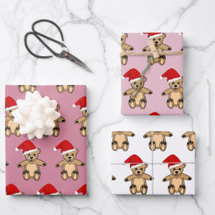 Niedlicher Teddybär mit Weihnachtsmannmütze Rosa W Geschenkpapier Set