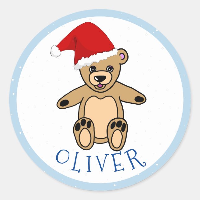 Niedlicher Teddybär mit Weihnachtsmannmütze Weihna Runder Aufkleber (Vorderseite)