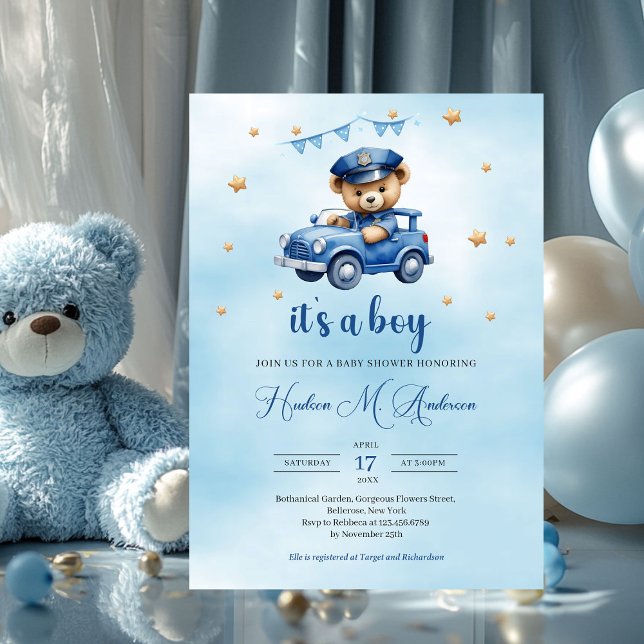 Niedlicher Teddybär Polizist Junge duschen Einladung (teddy bear policeman in car boy baby shower invitation)