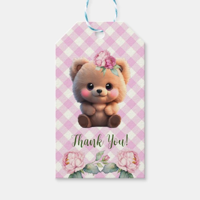 Niedlicher Teddybär Rosa Gingham Blütendusche Geschenkanhänger (Vorderseite)