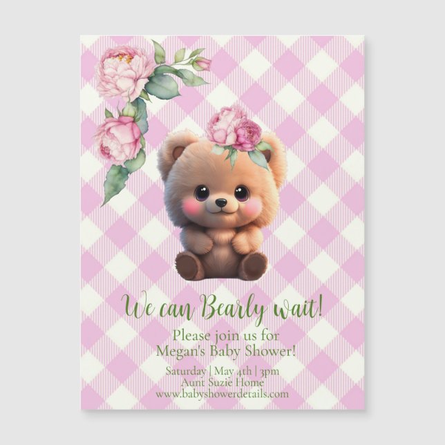 Niedlicher Teddybär Rosa Gingham Blütendusche Magnetkarte (Vorderseite)