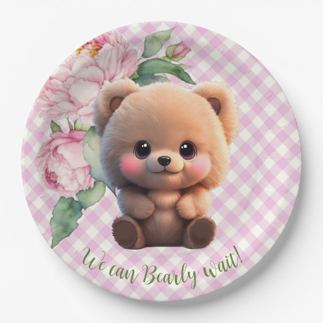 Niedlicher Teddybär Rosa Gingham Blütendusche Pappteller (Vorderseite)