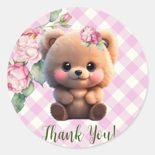 Niedlicher Teddybär Rosa Gingham Blütendusche Runder Aufkleber (Vorderseite)